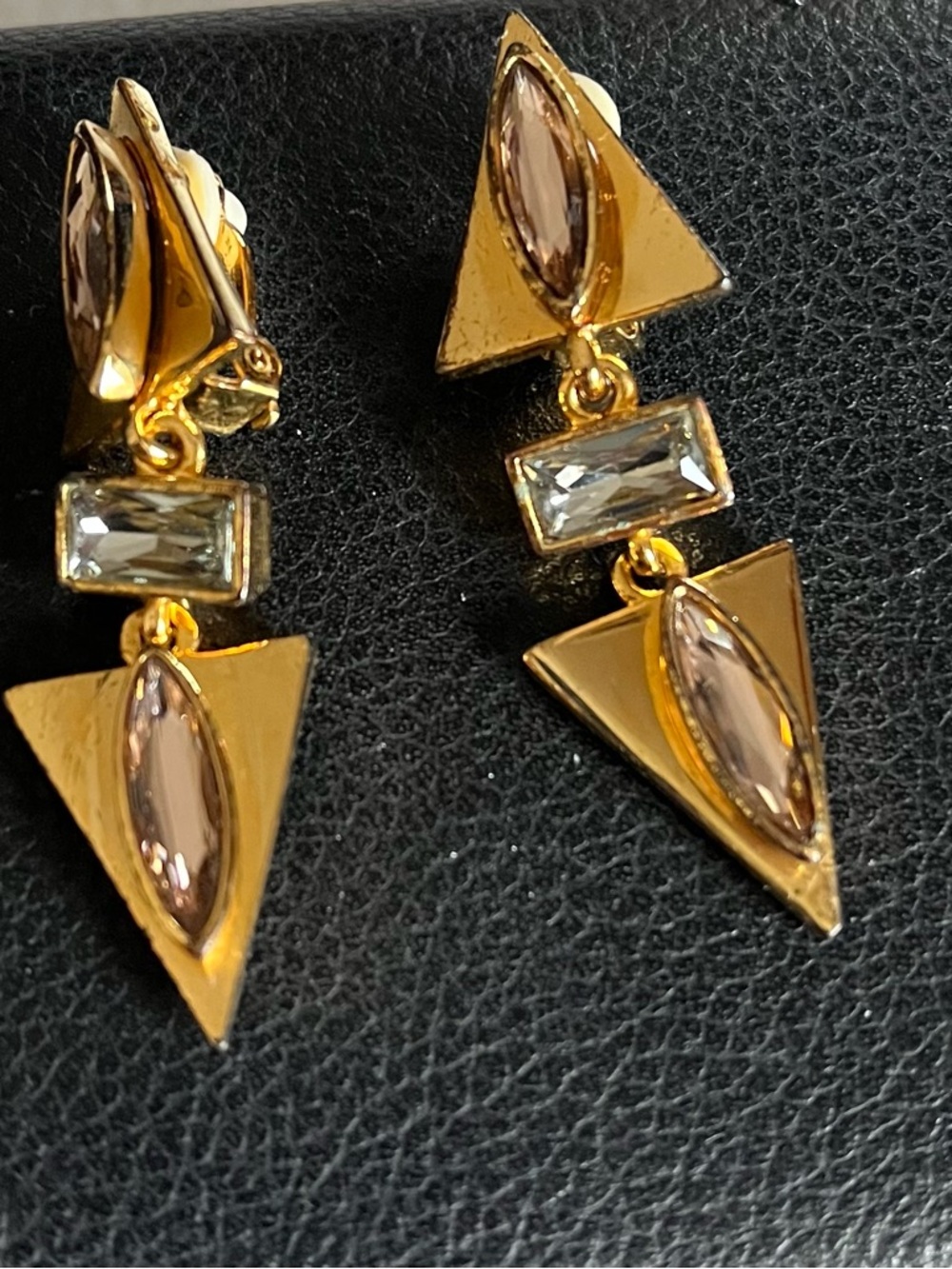 Clip on Gold-Tone Geometric Drop Earrings with Blue and pink Crystals V logo